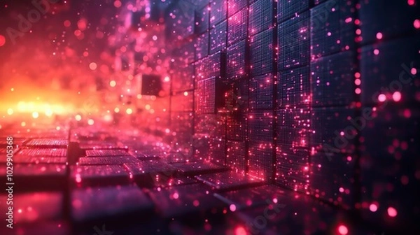 Fototapeta A futuristic metaverse concept with digital cubes and blocks representing a technology network connection.