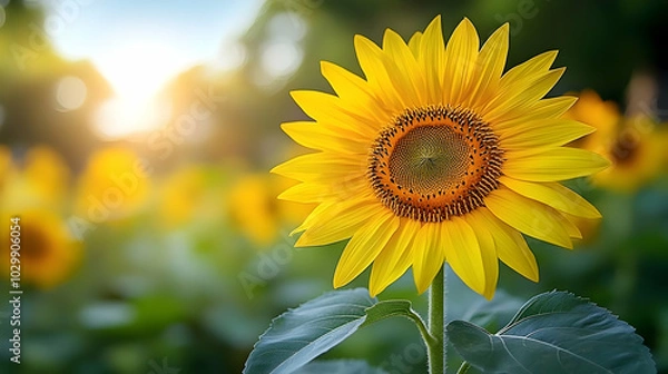 Obraz Single Sunflower in a Field at Sunset Photo