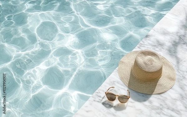Fototapeta A chic, minimalistic fashion aesthetic setup with sunglasses and a straw hat resting beside a marble pool