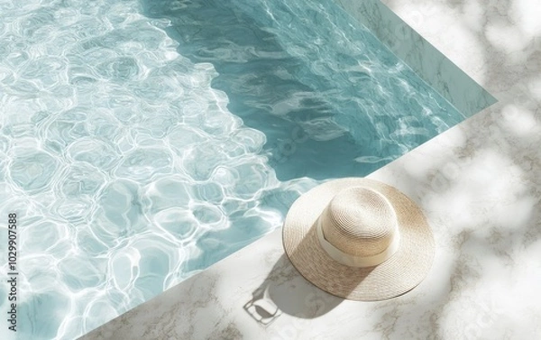 Obraz A simple, elegant fashion aesthetic scene with a straw hat and sunglasses beside a marble swimming pool