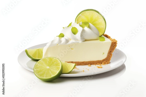 Fototapeta A perfect slice of key lime pie on a white ceramic plate, topped with whipped cream and lime zest, with crumbs scattered delicately on the side.