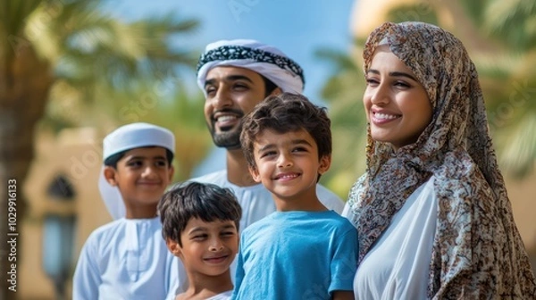 Fototapeta Family from Oman And Jordan is exploring a gorgeous vacation destination. Presenting shared experiences through global travel