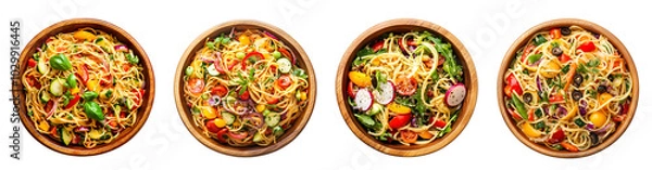 Fototapeta Topping salad pasta, cherry tomatoes, olives, paprika, vegetables, spaghetti isolated on a transparent PNG background, white background , cut out, clipping path, Generative Ai