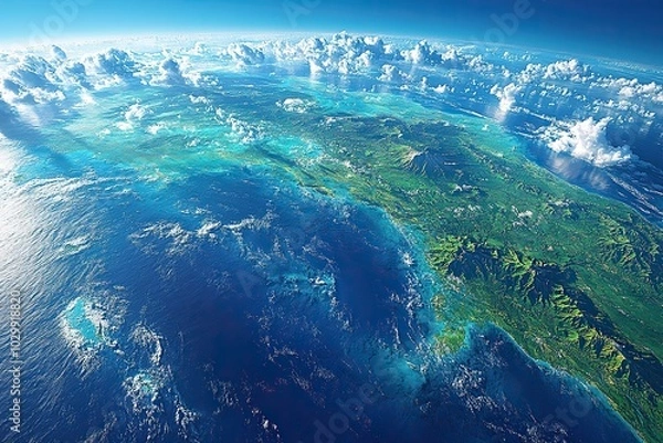Fototapeta A high-resolution satellite view of Oceania includes Australia, New Zealand, Melanesia, Polynesia, and Micronesia, in detailed 3D.