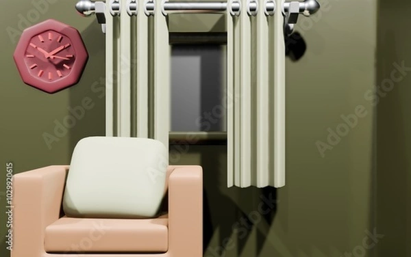 Fototapeta 3d sofa, curtain, and windows with green wall rendering illustration