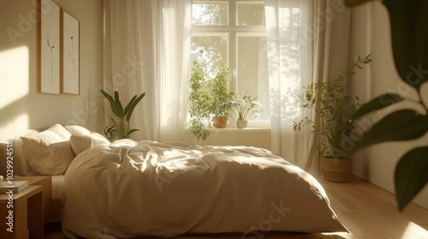 Fototapeta Sunlit Bedroom Interior Design