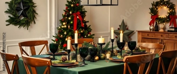 Fototapeta Festive Christmas Table Setting with Green Tablecloth and Candlelight