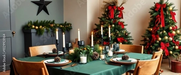 Fototapeta Festive Christmas Table Setting with Green Tablecloth and Candlelight