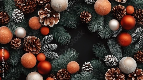 Fototapeta Christmas Ornament Background with Pine Branches and Pine Cones Subtle Blur Background with Space for Custom Text