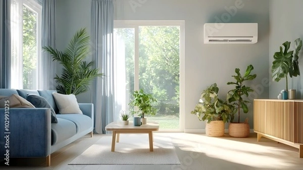 Fototapeta Stylish and contemporary minimalist living room with large windows air conditioner mounted on the wall and a cool blue and white color scheme creating a sleek and modern aesthetic