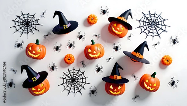 Fototapeta 3D Halloween Asset Collection: Intricate Jack-o-Lanterns, Witches' Hats & Spider Webs