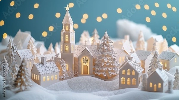 Fototapeta Miniature snowy village with lights and Christmas decorations