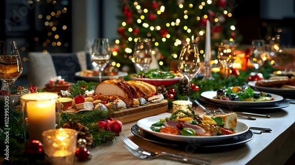 Fototapeta Lavish Christmas dinner table set with gourmet dishes twinkling lights and elegant place settings surrounded by pine garland and warm candlelight