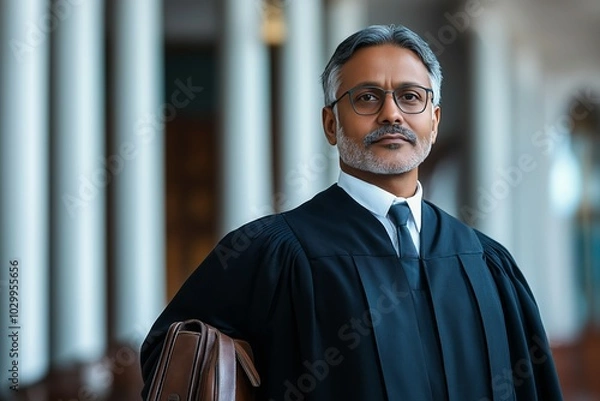 Obraz Respected Indian Attorney in Legal Robes Posing Outside Courthouse with Serious Expression