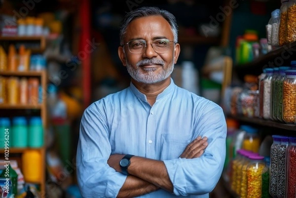 Fototapeta Proud Indian Grocery Shop Owner Standing Confidently in His Kirana Store with Folded Arms