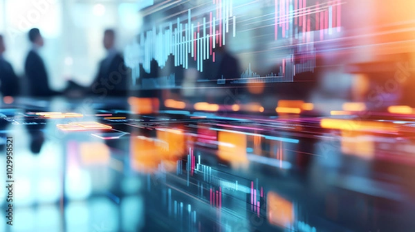 Fototapeta Corporate tech environment with abstract digital holograms