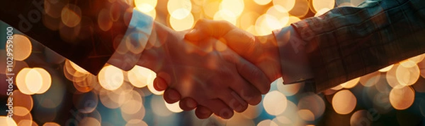 Fototapeta Close-up of business professionals shaking hands, symbolizing a successful deal-making process in a bright office environment. The warm sunlight illuminates the moment, creating a cinematic atmosphere