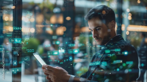 Fototapeta  Businessman utilizing AI technology for data analysis in diverse environments such as a coffee shop, park, and library, showcasing the versatility and adaptability of AI in real-time data analytics, 