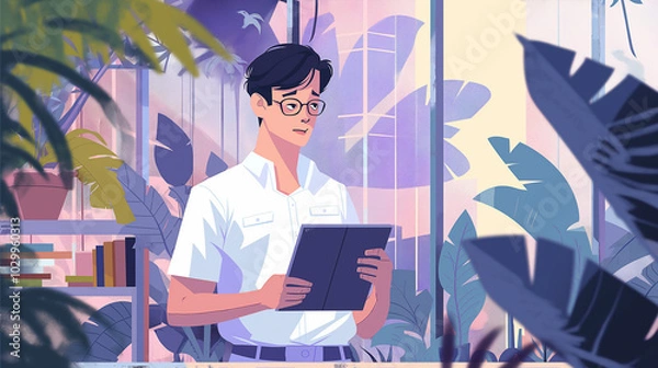 Fototapeta  Businessman utilizing AI technology for data analysis in diverse environments such as a coffee shop, park, and library, showcasing the versatility and adaptability of AI in real-time data analytics, 