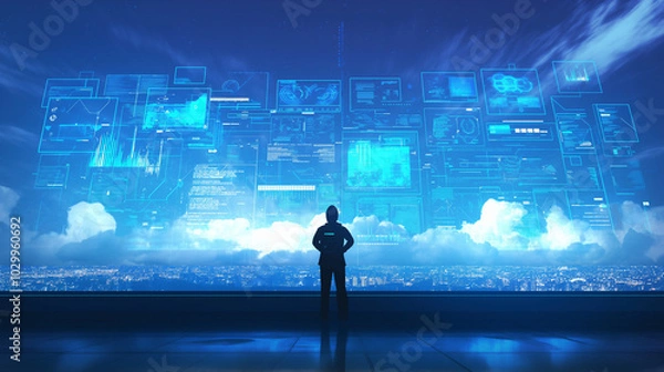 Fototapeta Anonymous hacker surrounded by a vibrant network of glowing data, symbolizing the intricate world of cybersecurity, cybercrime, and cyberattacks. The image captures the essence of digital threats and 