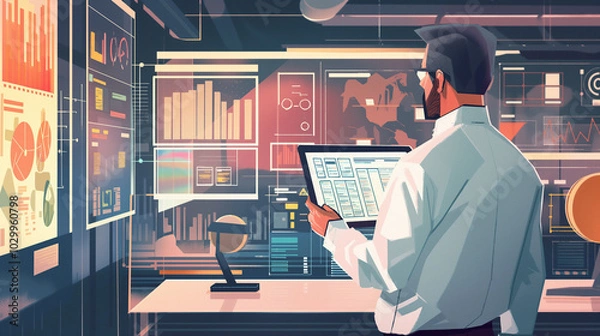Fototapeta  Businessman utilizing AI technology for data analysis in diverse environments such as a coffee shop, park, and library, showcasing the versatility and adaptability of AI in real-time data analytics, 