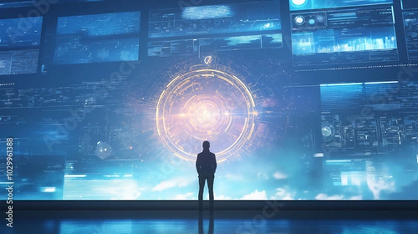 Fototapeta Anonymous hacker surrounded by a vibrant network of glowing data, symbolizing the intricate world of cybersecurity, cybercrime, and cyberattacks. The image captures the essence of digital threats and 