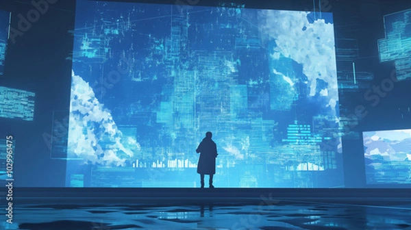 Fototapeta Anonymous hacker surrounded by a vibrant network of glowing data, symbolizing the intricate world of cybersecurity, cybercrime, and cyberattacks. The image captures the essence of digital threats and 