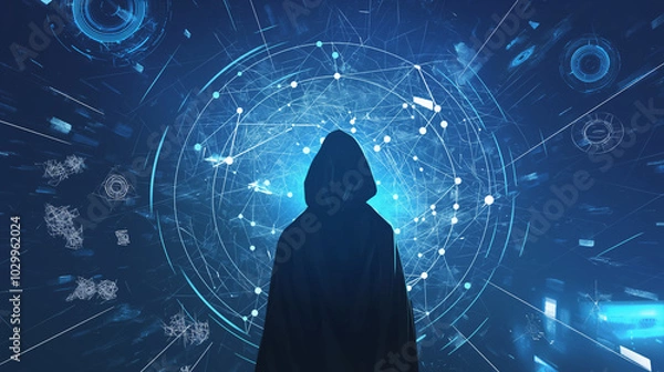 Fototapeta Anonymous hacker surrounded by a vibrant network of glowing data, symbolizing the intricate world of cybersecurity, cybercrime, and cyberattacks. The image captures the essence of digital threats and 