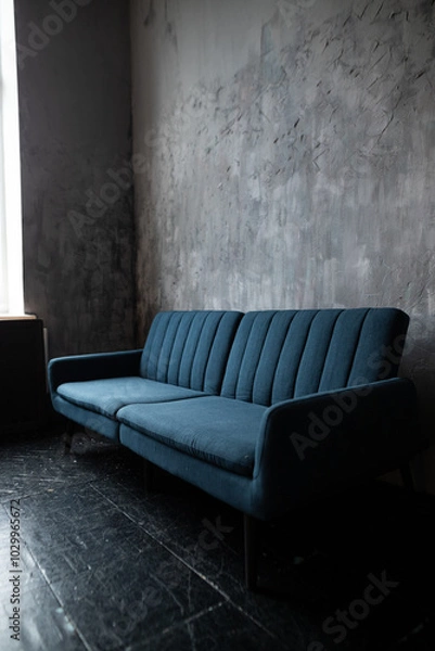 Fototapeta A cozy blue couch rests against a textured gray wall in a serene living space illuminated by natural light