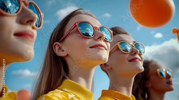 Fototapeta Group of young people in sunglasses laughing and celebrating at a vibrant lively festival surrounded by colorful digital binary inspired decor capturing the energy and excitement of the event