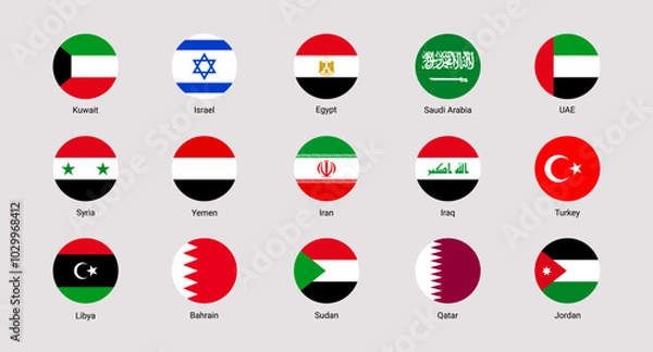 Fototapeta Eastern states flags vector illustration. Asian countries isolated rounded icons. official national flags set with state name. Israel, UAE, Saudi Arabia, Turkey, Egypt simple button badges collection