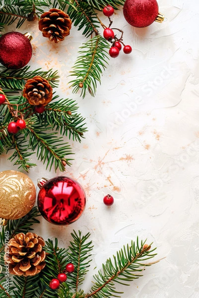 Fototapeta Christmas background: Christmas balls, fir branches and holly berries on white background, top view. Copy space. Banner