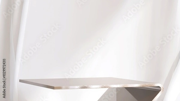 Obraz Gold chrome geometric shape podium table, blowing white cloth curtain in sunlight on beige wallpaper wall for luxury, elegant cosmetic, skincare, body care, beauty product display background 3D