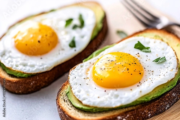 Fototapeta Freshly prepared avocado toast topped with poached eggs is artfully arranged on a wooden board, featuring vibrant colors