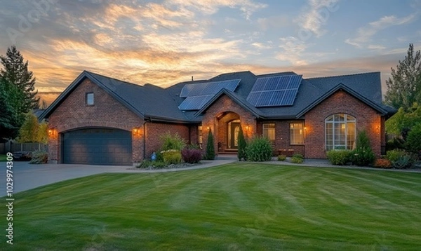 Fototapeta Suburban house with sunset light on bricks and solar panels installed on roof