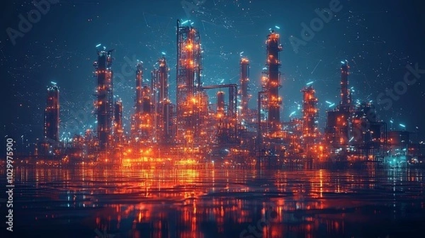 Fototapeta A striking industrial complex with towering structures glowing in vivid electric colors against a night sky, illustrating modern technology and industrial advances.