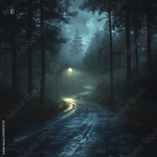 Fototapeta A misty night road winding through dark trees, illuminated by a single lamp. An atmosphere of mystery and solitude prevails.