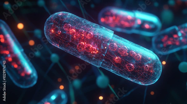 Fototapeta A new business focuses on drug capsules. It uses DNA technology to create medicine. The concept includes probiotics, prebiotics, and vitamins for health and curing illnesses.low poly wireframe.