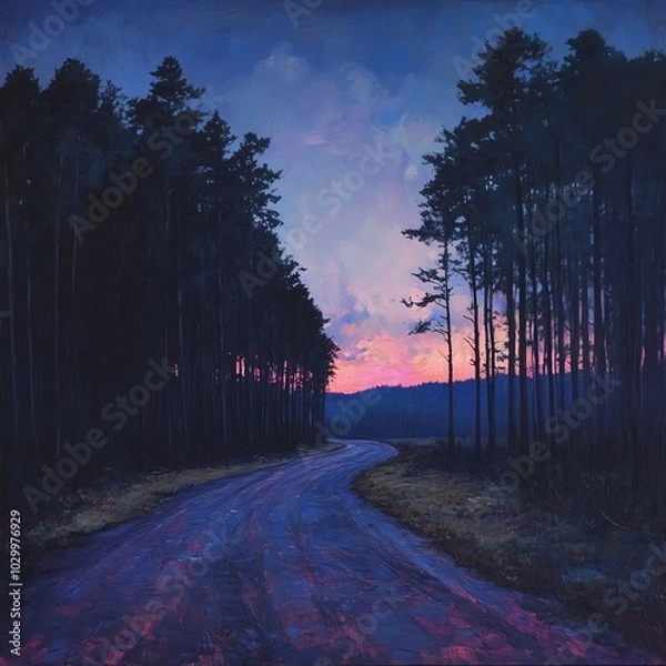 Fototapeta A serene winding road through tall trees at sunset, showcasing vibrant colors in the sky, ideal for nature lovers and travelers.