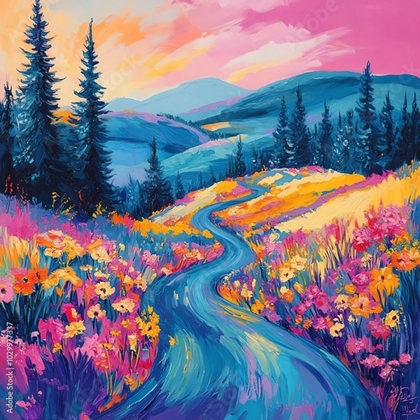 Fototapeta Vibrant landscape featuring a winding path through colorful flowers and towering trees under a dramatic sky.
