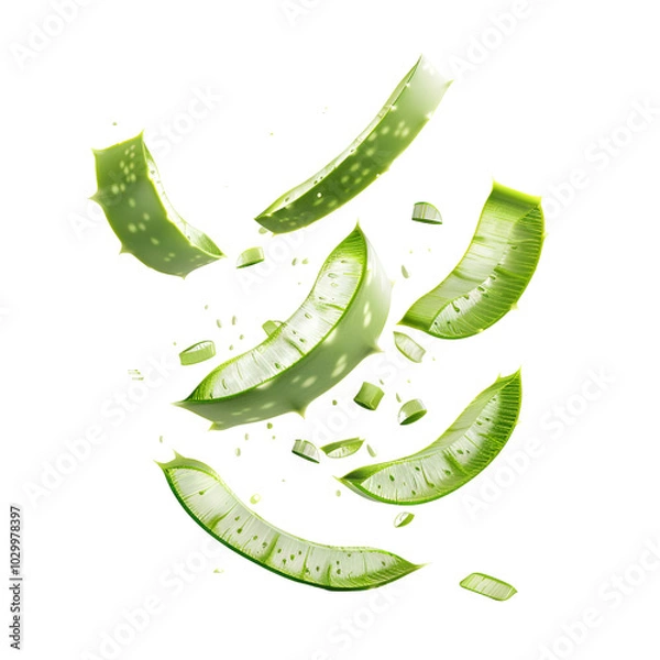 Fototapeta Aloe Vera Leaf Pieces Falling On Black