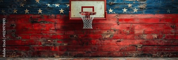 Fototapeta A basketball hoop with an American flag background symbolizes patriotic pride.