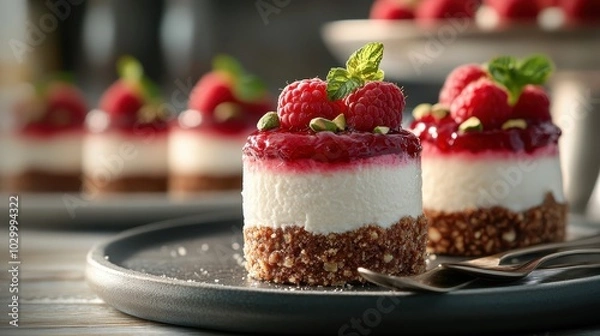 Fototapeta A sophisticated gourmet dessert, featuring layers of smooth cheesecake and a vibrant fruit topping, elegantly arranged on a stylish plate with a fork ready.
