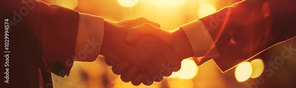 Fototapeta Close-up of business professionals shaking hands, symbolizing a successful deal-making process in a bright office environment. The warm sunlight illuminates the moment, creating a cinematic atmosphere