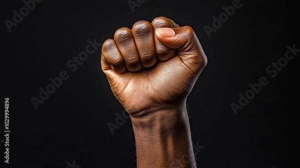 Fototapeta Black Lives Matter banner on a black background with a raised fist representing resistance.