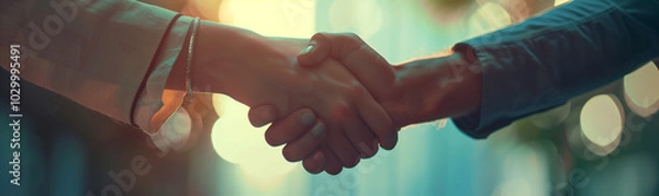 Fototapeta Close-up of business professionals shaking hands, symbolizing a successful deal-making process in a bright office environment. The warm sunlight illuminates the moment, creating a cinematic atmosphere