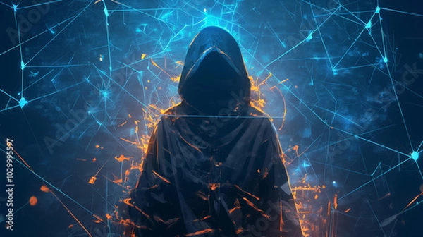 Fototapeta Anonymous hacker surrounded by a vibrant network of glowing data, symbolizing the intricate world of cybersecurity, cybercrime, and cyberattacks. The image captures the essence of digital threats