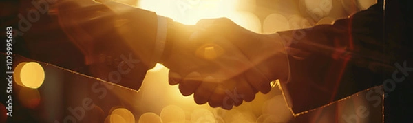 Fototapeta Close-up of business professionals shaking hands, symbolizing a successful deal-making process in a bright office environment. The warm sunlight illuminates the moment, creating a cinematic atmosphere