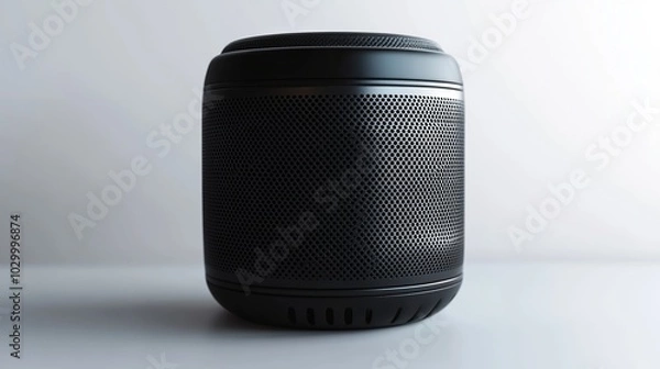 Fototapeta Black speaker isolated on a white background. It has a sleek design and a powerful sound. It is perfect for listening to music, podcasts, or audiobooks. The speaker is also portable