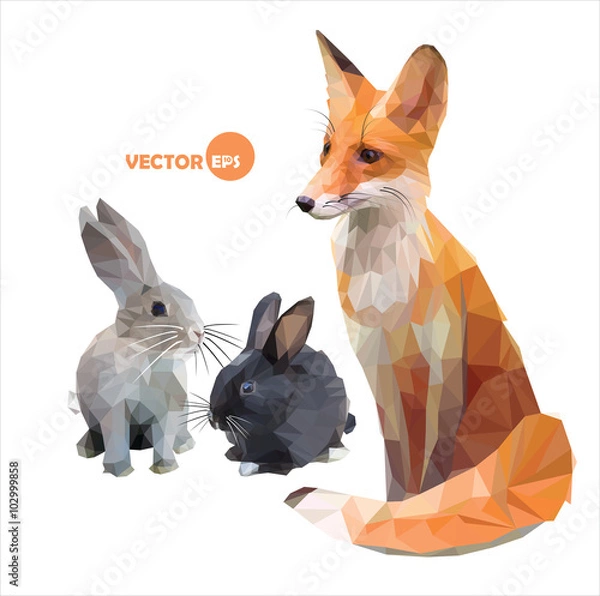 Fototapeta Foxes and hares. funny vector illustration in polygonal (low poly) style cartoon Fox, rabbit. illustration of the animals of the forest, the hare and the Fox sitting sideways.

